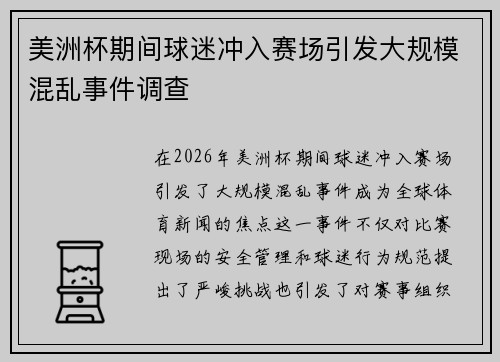 美洲杯期间球迷冲入赛场引发大规模混乱事件调查