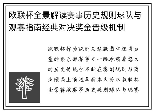 欧联杯全景解读赛事历史规则球队与观赛指南经典对决奖金晋级机制